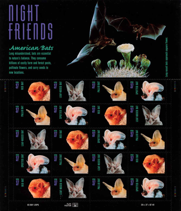 American Bats Night Flight stamp sheet -- Bats, #3661-3664