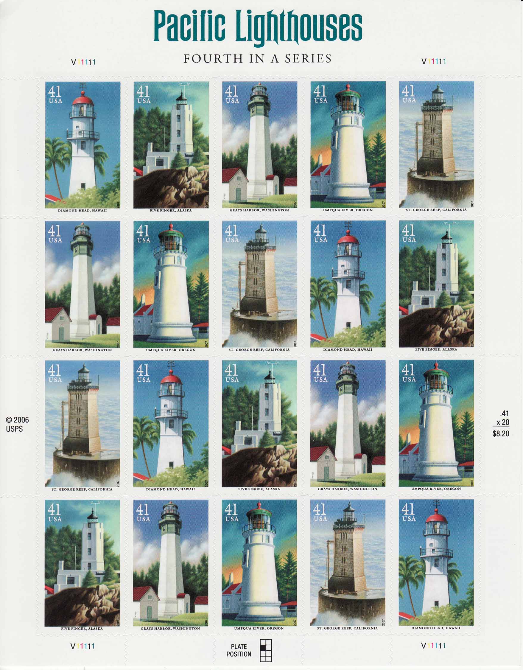 Pacific Coast Lighthouses stamp sheet