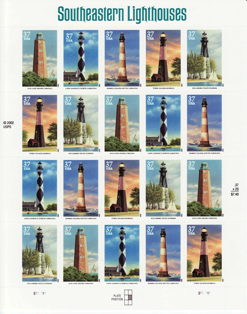 Southeastern Lighthouses stamp sheet, #3787-91 37 cent