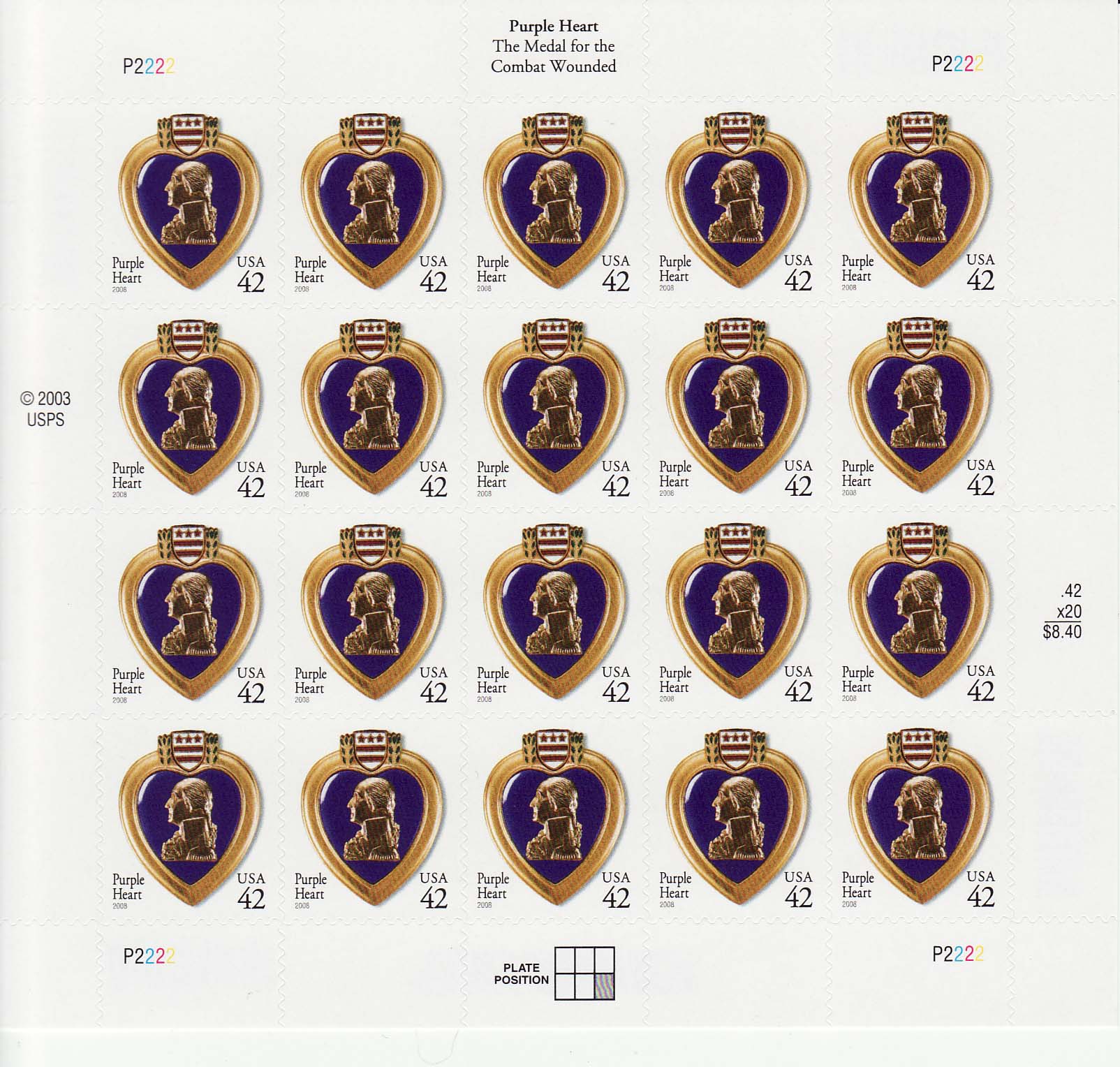 Military Purple Heart stamp sheet, 42 cent